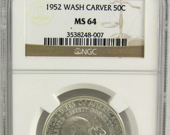 Certified NGC MS64- 1952 Washington Carver Commemorative Silver Half Dollar High Grade -Rare