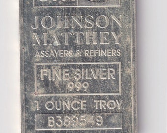 Vintage JOHNSON MATTHEY 1 Troy Oz .999 Fine Silver Bar W/SR# B389549