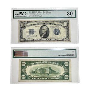 1934C (BA Block) Silver Certificate 10 Ten Dollar  PMG VF30 Very Fine BLUE Seal S/N B37345565A