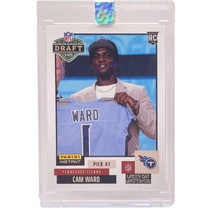 May include: A Cam Ward rookie card from the 2025 NFL Draft, featuring the Tennessee Titans. The card is encased in a protective holder and includes the NFL and Panini Instant logos. The card shows Ward holding a Titans jersey.
