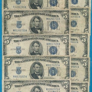 Lot of 10-1934,1953 Silver Certificate Blue Seal Five Dollar (VG/VF) -Rare
