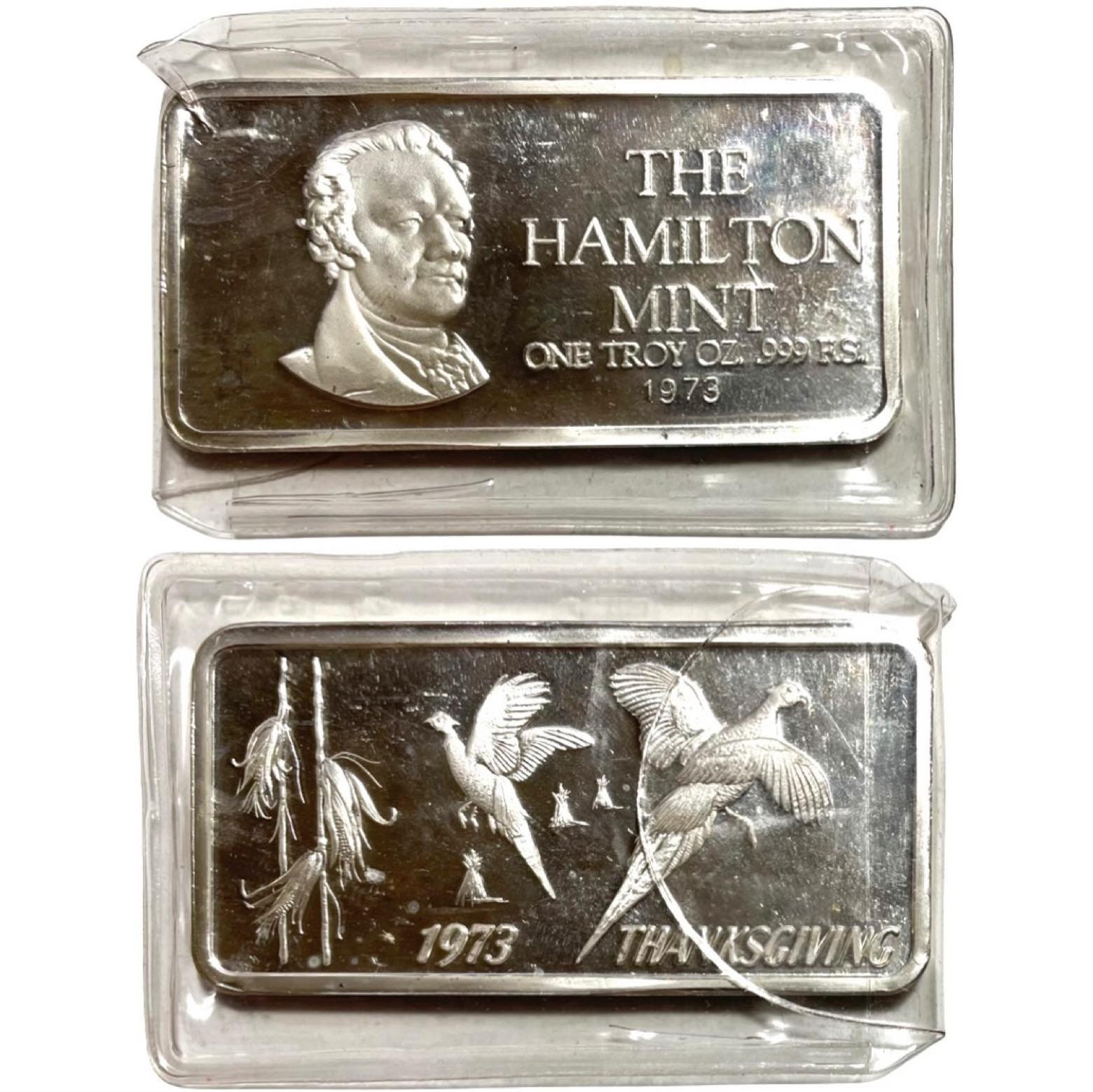 Vintage 1973 Thanksgiving .999 Fine Silver Bar the Hamilton Mint