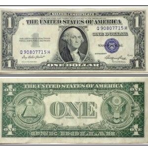 May include: A vintage one dollar bill featuring a portrait of George Washington on the front and a pyramid with an eye on the back. The bill has the serial number Q 90807715 H.