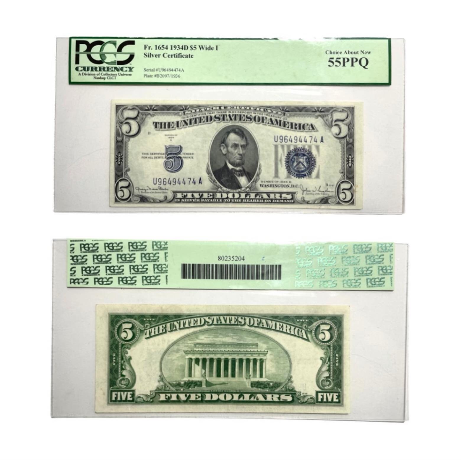 認定1934-D -5ドル銀証明書ブルーシールPCGS 55 PPQチョイス新品