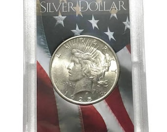 Auténtico dólar de la paz de plata de 1925 en caja con forma de bandera estadounidense, brillante, sin circular, raro