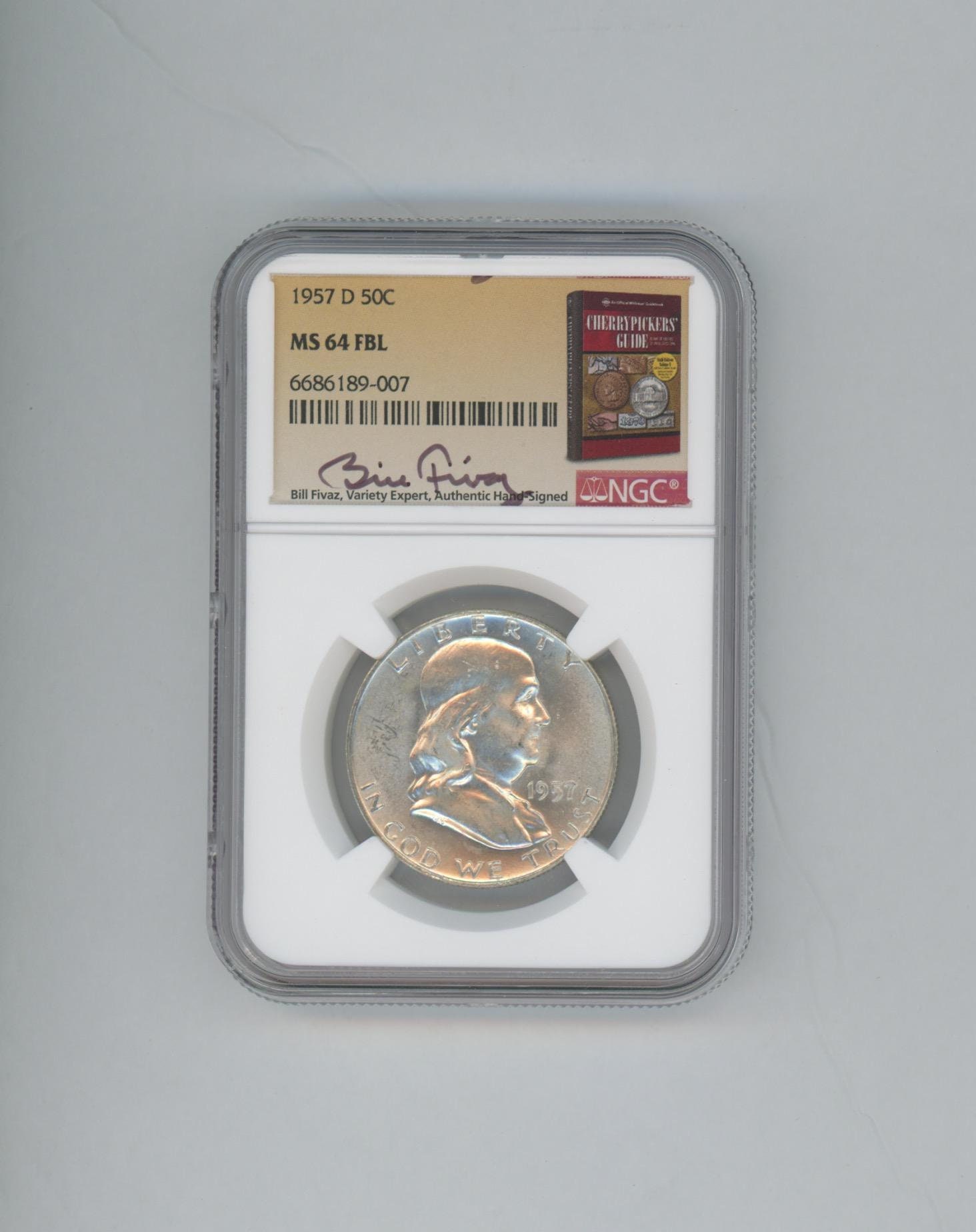 1957-D Franklin Silver Half Dollar NGC MS 64 Fbl-bill Fivaz Label