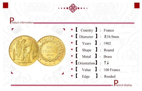 Réplique De Pièce Historique – 100 Francs Français Troisième République 1879 – Fabrication En Laiton, Détails Fins