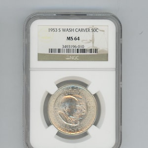 May include: A 1953-S Washington Carver half dollar coin graded MS 64 by NGC. The coin is encased in a plastic slab with a white label. The label includes the year, mint mark, denomination, grade, and certification number.