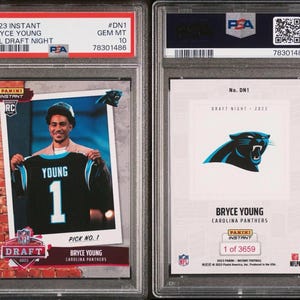 May include: A graded sports card featuring Bryce Young of the Carolina Panthers. The front of the card shows Young holding up a jersey. The card is labeled "2023 Instant NFL Draft Night" and is graded GEM MT 10 by PSA.