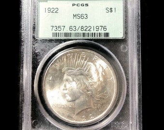 Certified 1922  Silver Peace Dollar Better  Date OGH Old Green Holder  PCGS MS 63-Rare