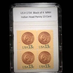 Op de afbeelding: Een blok van vier 13-cent Indian Head Penny postzegels, US #1734, in mint never hinged (MNH) conditie. De postzegels tonen een koperkleurig beeld van een Indian Head Penny.