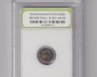 Slabbed Ancient Roman, widow's mite sized, bronze coin, C-50 BC-400 AD,Genuine,1600 Years old