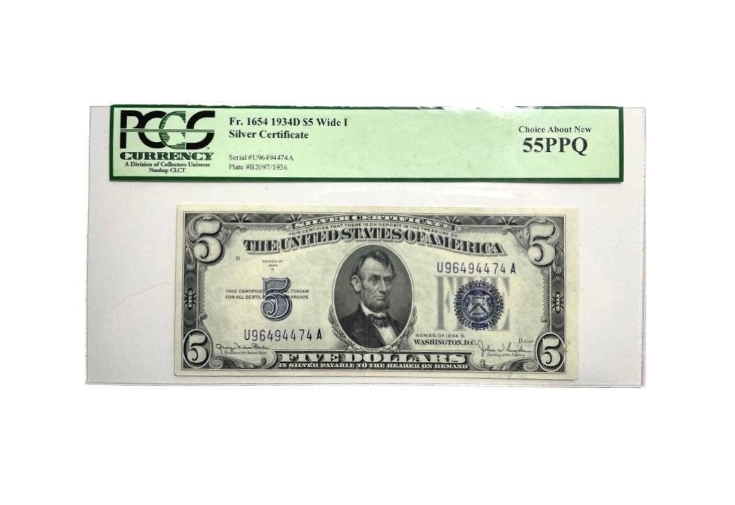 1934A 5ドル銀券 ブルーシール コレクション 認定1934-D -5ドル銀証明書ブルーシールPCGS 55 PPQチョイス新品