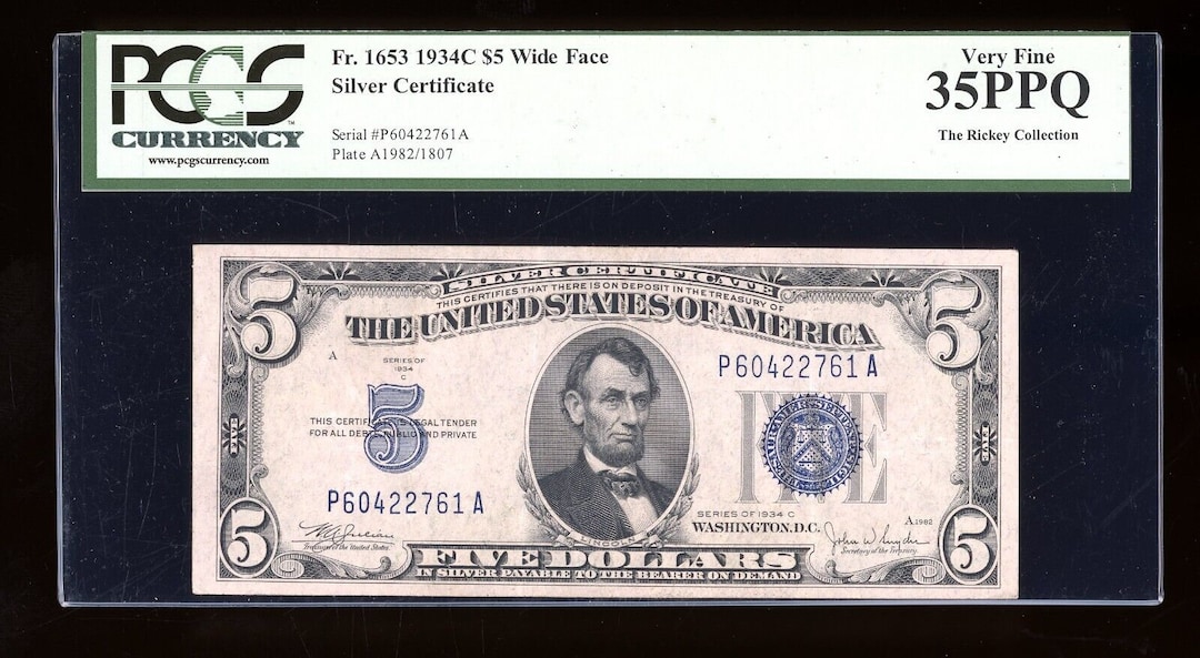 Certified 1934-C -five Dollar Silver Certificate Blue Seal PCGS VF35