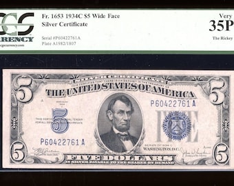 1934年 5ドル紙幣 大型ブルーシール 銀券 入手困難 5ドル紙幣 約100年