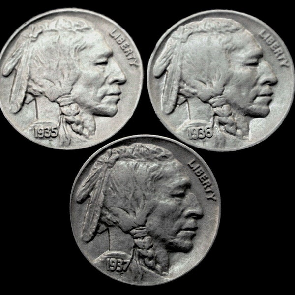 Authentique 1935,36,37 Buffalo COIN, collectionneur de pièces de monnaie, pièce de monnaie ancienne, Buffalo Nickel, Indian Head Liberty Coin High Grade Full Horn XF/AU