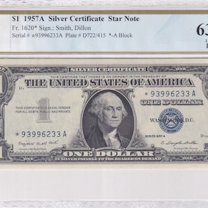 Nota Estrella - Un dólar 1957 Certificado de Plata Moneda PCGS GEM UNC 63PPQ