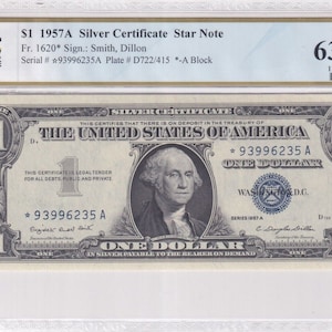 Nota Estrella - Un dólar 1957 Certificado de Plata Moneda PCGS GEM UNC 63PPQ