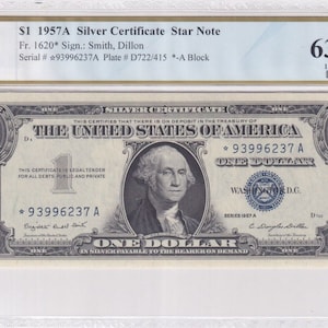 Nota Estrella - Un dólar 1957 Certificado de Plata Moneda PCGS GEM UNC 63PPQ