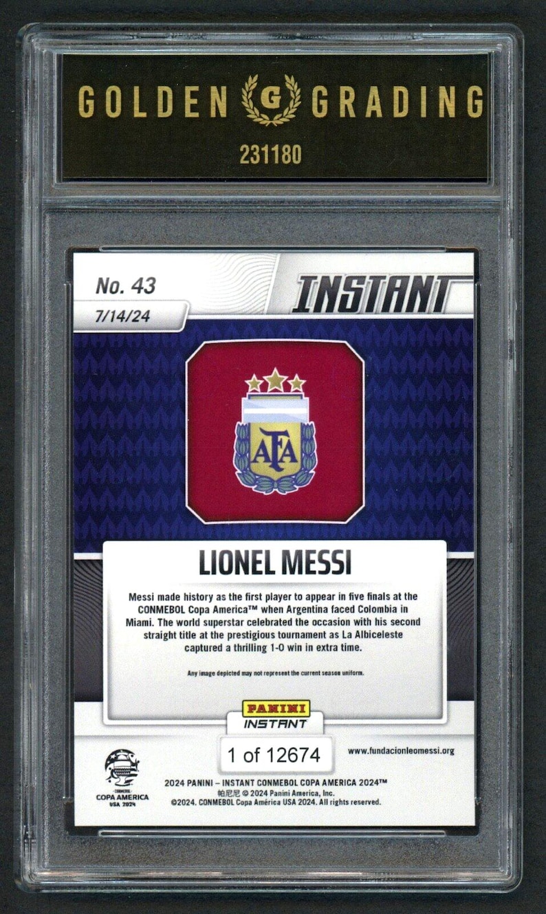 May include: A graded Lionel Messi Panini Instant card. The card features the Argentina national team logo and text that reads "Lionel Messi." The card is encased in a protective holder with "Golden Grading" and a serial number.