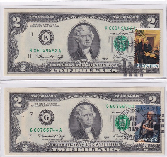 2 枚セット - 1976 年 2 ドル紙幣、発行初日、1976 年 4 月 13 日の