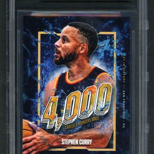 May include: A 2024-25 Topps Now Stephen Curry trading card graded 9.5 Gem Mint by Beckett. The card features a profile image of Stephen Curry, the text 4,000 CAREER 3-POINTERS MADE, 1ST IN HISTORY, SAN FRANCISCO, PG, 3-13, and 2025 in a plastic slab.