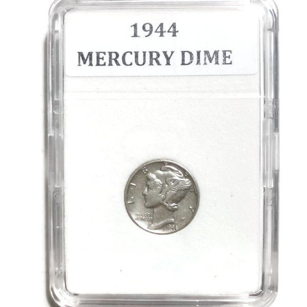 Vintage 1944 Liberty Mercury 90% Pure Silver Dime in Plastic Case (AU)