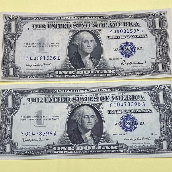 2 Pcs  Series 1935&1957 -Blue Seal Silver Certificate Dollar Bill Lightly circulated