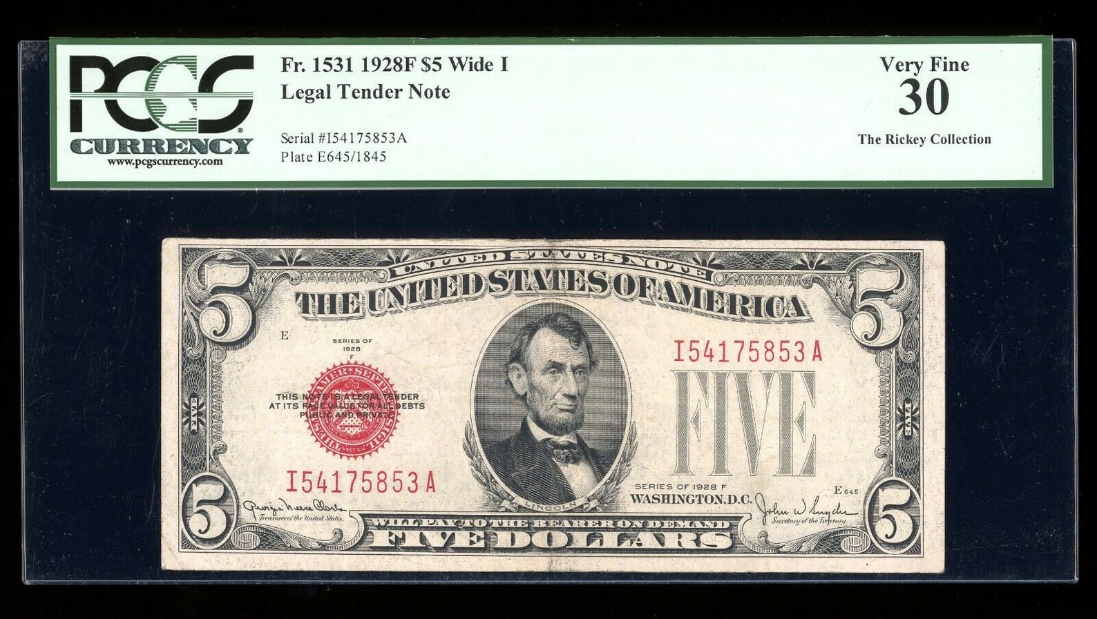 Series 1928F Five Dollar Red Seal Legal Wide I Fr. 1531 IA Block PCGS 30 Serial I54175853arare