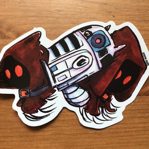 May include: A white and blue robot with a red eye is being carried by two brown hooded figures with red eyes. The robot has a striped pattern on its body. The figures have a black outline and are drawn in a cartoon style.
