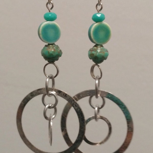 Turquoise Glass Ceramic Bead Silver Hoop Earrings, Argentium Sterling Silver Orbit Hoop Earrings, Boho Jewelry, Long, Spinner, Dangle, Gift