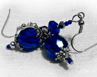 Cobalt Blue Earrings, Blue Earrings, Vintage Style Blue Glass And Silver Earrings In Deep Cobalt Blue, Silver Earrings, Dark Blue, CLASSIC