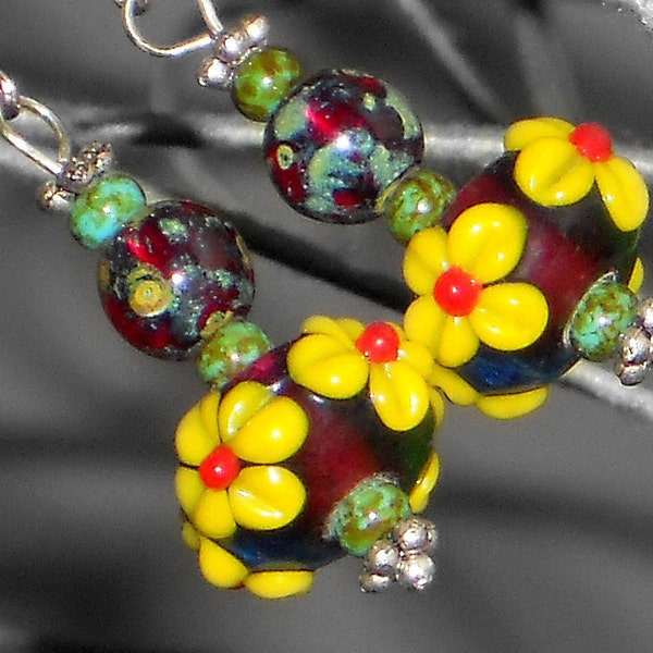 Flower Earrings, Glass Lampwork Flower Earrings, Yellow Flower Earrings, Garnet Red Beads, Sunflower Earrings, SILVER & BOTANICAL Collection