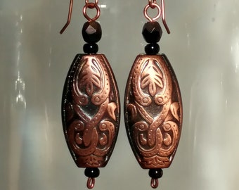 Copper Earrings, Oval Earrings, Southwestern Earrings, Lightweight Botanical Copper Oval Earrings, Black Earrings, Bohemian Earrings, Boho