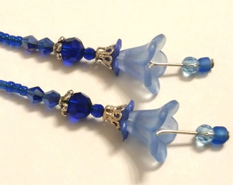 Blue Flower Earrings, Blue Earrings, Blue Lucite Flowers, Cobalt Blue Crystal Earrings, Silver Earrings, Bohemian Jewelry, BOTANICAL