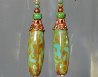 Copper Earrings, Turquoise Earrings, Green Earrings, Picasso Turquoise Glass Earrings, Oval Earrings, Tube Earrings, Rustic Boho Earrings