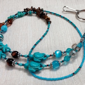 Turquoise Lanyard, Turtle Lanyard, Turquiose Turtle Lanyard Necklace, Seed Bead Lanyard, Tiger&#39;s Eye, Blue Lanyard, Beach Lanyard, ANIMAL