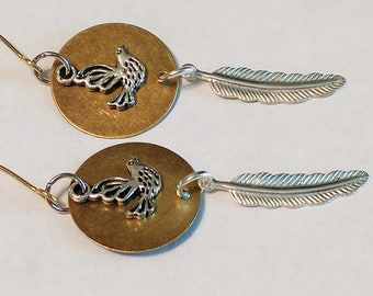 Bird Earrings, Brass Earrings, Feather Earrings, Silver Earrings, Silver Bird And Feather Mixed Metal Brass Earrings, Boho Earrings, ANIMAL