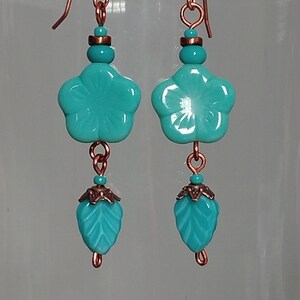 Turquoise Earrings, Copper Earrings, Flower Earrings, Turquoise Glass Flower And Leaf Earrings, Dangle Earrings, Handmade Boho Jewelry, Drop