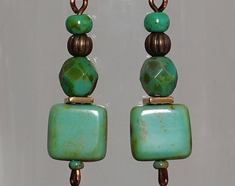 Turquoise Earrings, Green Earrings, Square Earrings, Rustic Green Turquoise Glass Gold Brass Earrings, Small Boho Earrings, Handmade Jewelry