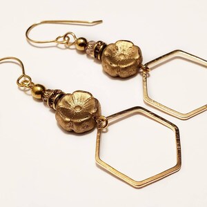 Gold Flower Hexagon Hoop Crystal Brass Earrings, Gold Jewelry, Boho Earrings, Gift for Her, Czech Glass, Handmade Jewelry, Classic Style