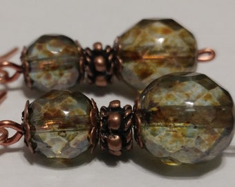 Green Earrings, Copper Earrings, Copper Rustic Sage Green Faceted Czech Glass Earrings, Round Earrings, Handmade Bohemian Earrings, Jewelry