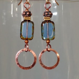 Copper Earrings, Blue Earrings, Hoop Earrings, Blue Glass Rectangles And Copper Hoops, Rectangle Earrings, Brass Earrings, Mixed Metal, Boho