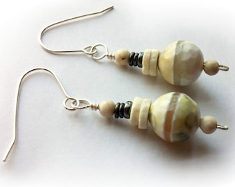 Dzi Agate Sterling Argentium Silver Earrings, Dzi Style Earrings, White, Cream, Gray, Sterling Silver Earrings, Agate Earrings, Rustic