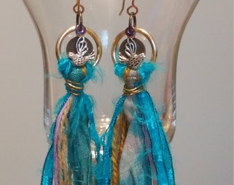 Tassel Earrings, Recycled Silk Sari Tassel Earrings, Silver Bird Earrings, Silver Birds And Silk Sari Tassel Earrings, Boho Earrings, Long