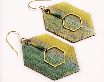 Painted Green And Gold Ombre Watercolor Wood Earrings, Hexagon, Beaded, Geometric, Boho Modern Trendy Jewelry, Gift For Her, Handmade OOAK