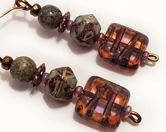 Purple Lilac Rustic Glass Bead Square Bronze And Copper Earrings, Boho, Handmade Jewelry, Brown, Gray, Brass, Stripes, Czech Glass Jewelry