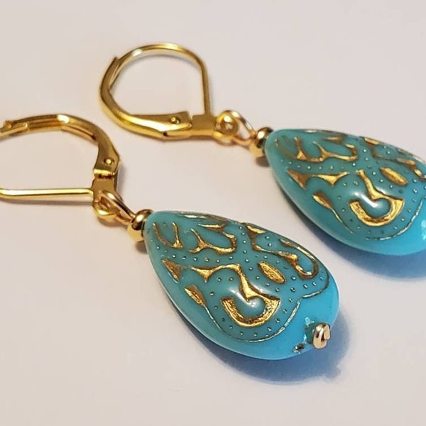 Turquoise And Gold Carved Teardrop Earrings, Gold Leverback, Simple, Southwest, Boho Jewelry, Handmade Earrings, Gift For Her, Aqua Blue