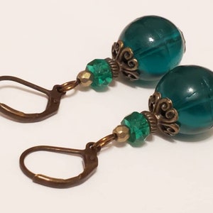Teal Emerald Green Round Vintage Glass Bronze Earrings, Gold Leverback, Ball Earrings, Handmade Jewelry, Gift For Her, Dangle Drop Christmas
