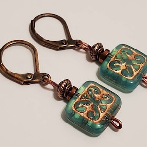Aqua Copper Scroll Glass Square Copper Leverback Earrings, Rectangle, Boho Handmade Jewelry, Blue Green, Gift For Her, Bead Earrings